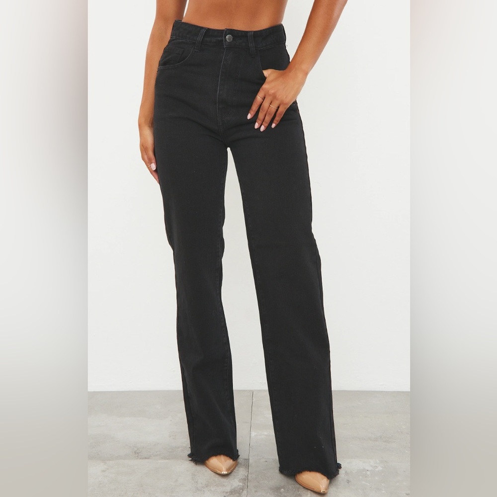 Washed Black Frayed Hem Wide Leg Jeans